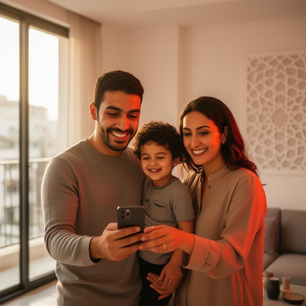 A Moroccan family checking their Taamine insurance quotes on a phone